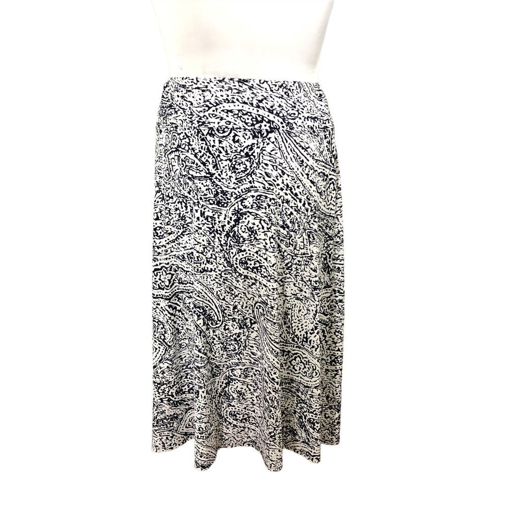 Chaus Womens SZ L Below the Knee Skirt Blue‎ White Print Stretchy Elastic Waist